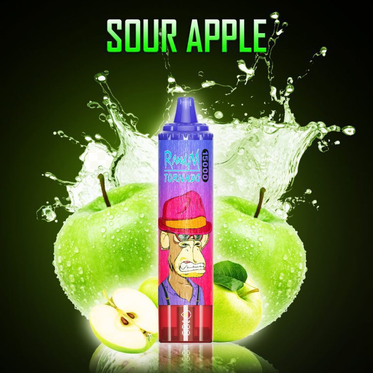 RandM Tornado Sour Apple vape device with green apples and juice splash in background
