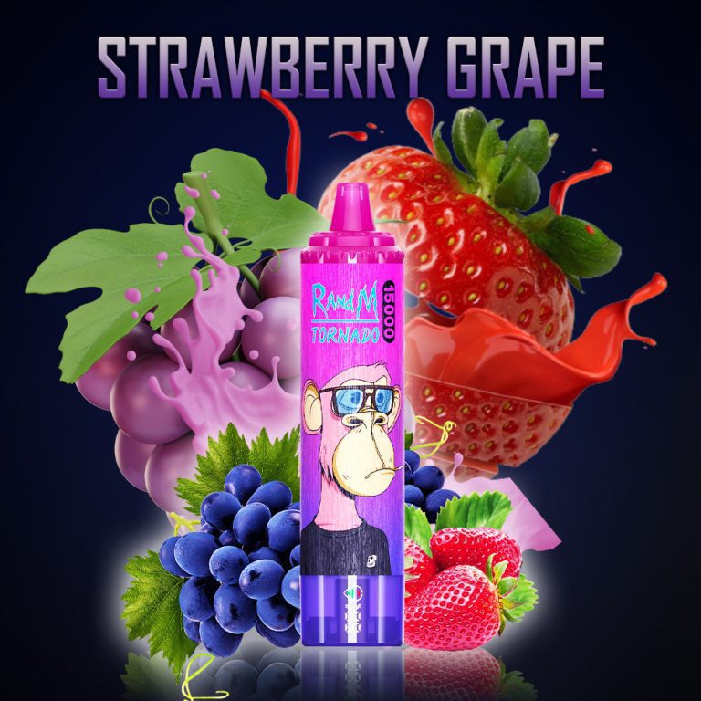 RandM Tornado Strawberry Grape disposable vape device with strawberries, grapes, and colorful juice splash
