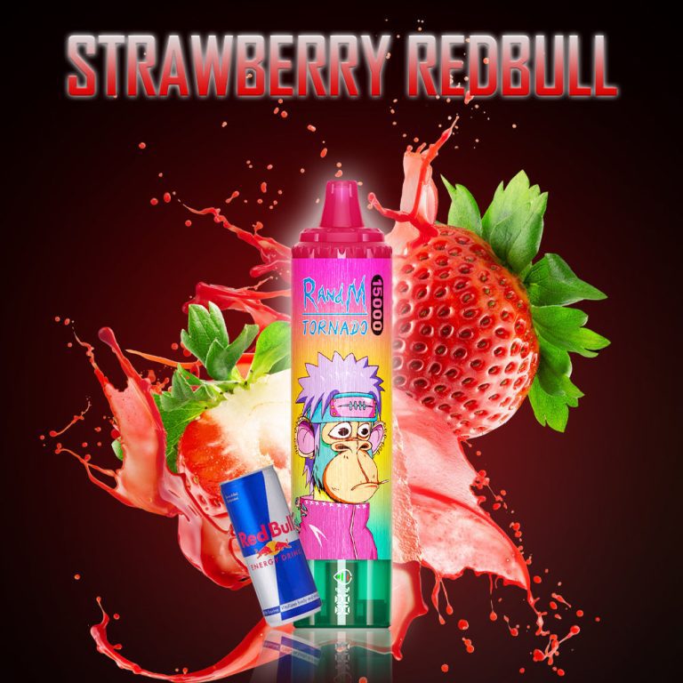 RandM Tornado Strawberry Redbull disposable vape with strawberries and energy drink splash background