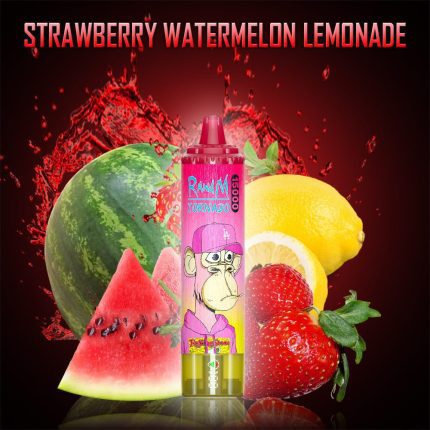RandM Tornado Strawberry Watermelon Lemonade disposable vape with strawberries, watermelon, lemons, and juice splash background