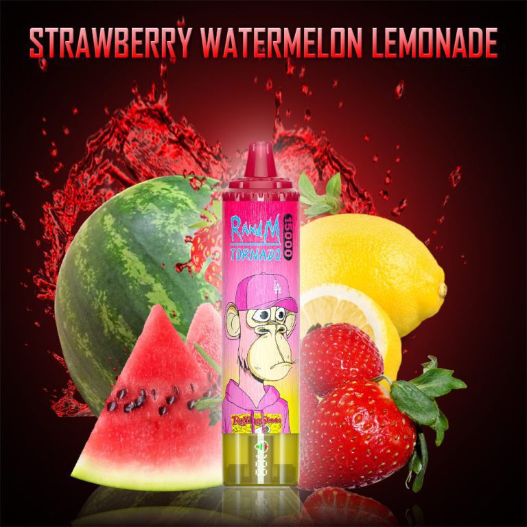 RandM Tornado Strawberry Watermelon Lemonade disposable vape with strawberries, watermelon, lemons, and juice splash background