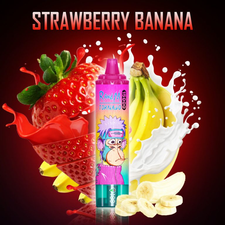 RandM Tornado Strawberry Banana vape device with strawberries, bananas, and milk splash background