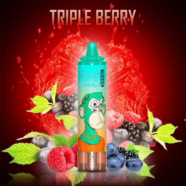RandM Tornado Triple Berry disposable vape with raspberries, blackberries, and blueberries in a juice splash background
