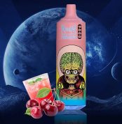 RandM Tornado 9000 pink vape with alien skull design, cherry fruit, and a cherry cocktail on a space background