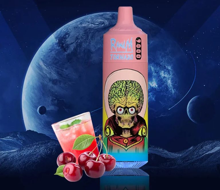RandM Tornado 9000 pink vape with alien skull design, cherry fruit, and a cherry cocktail on a space background