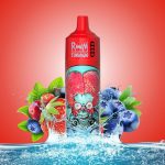 Random Tornado 9000 vape with a striking red alien design featuring a brain-themed illustration. Surrounded by fresh berries and water splash effects.
