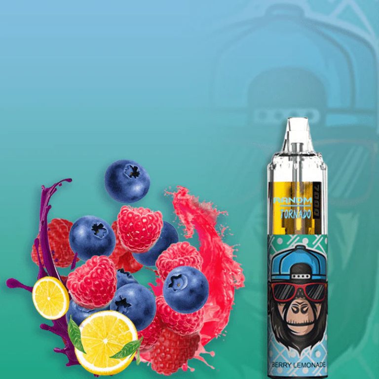 RandM 7000 Berry Lemonade flavor with blueberry, raspberry, and lemon splash, and a cool gorilla mascot design.