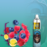 RandM Tornado 7000 disposable vape in Berry Lemonade flavor with fresh blueberries, raspberries, lemon slices, and splash effects.