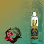 RandM Tornado 7000 vape with Cherry Cola flavor, surrounded by cherry splash and cola liquid against a golden green background.