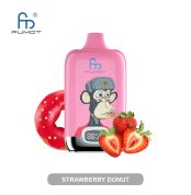 Pink RandM Fumot vape with a cartoon monkey design, digital puff display, and surrounded by strawberries and a frosted donut
