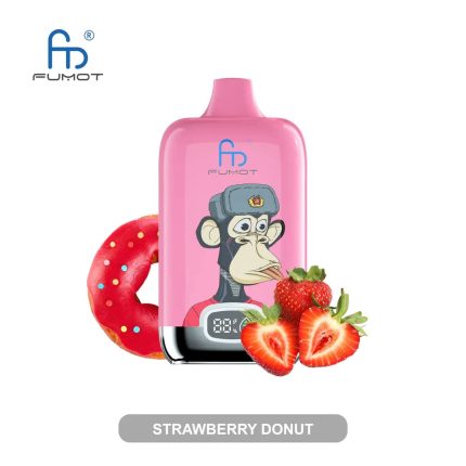 Pink RandM Fumot vape with a cartoon monkey design, digital puff display, and surrounded by strawberries and a frosted donut