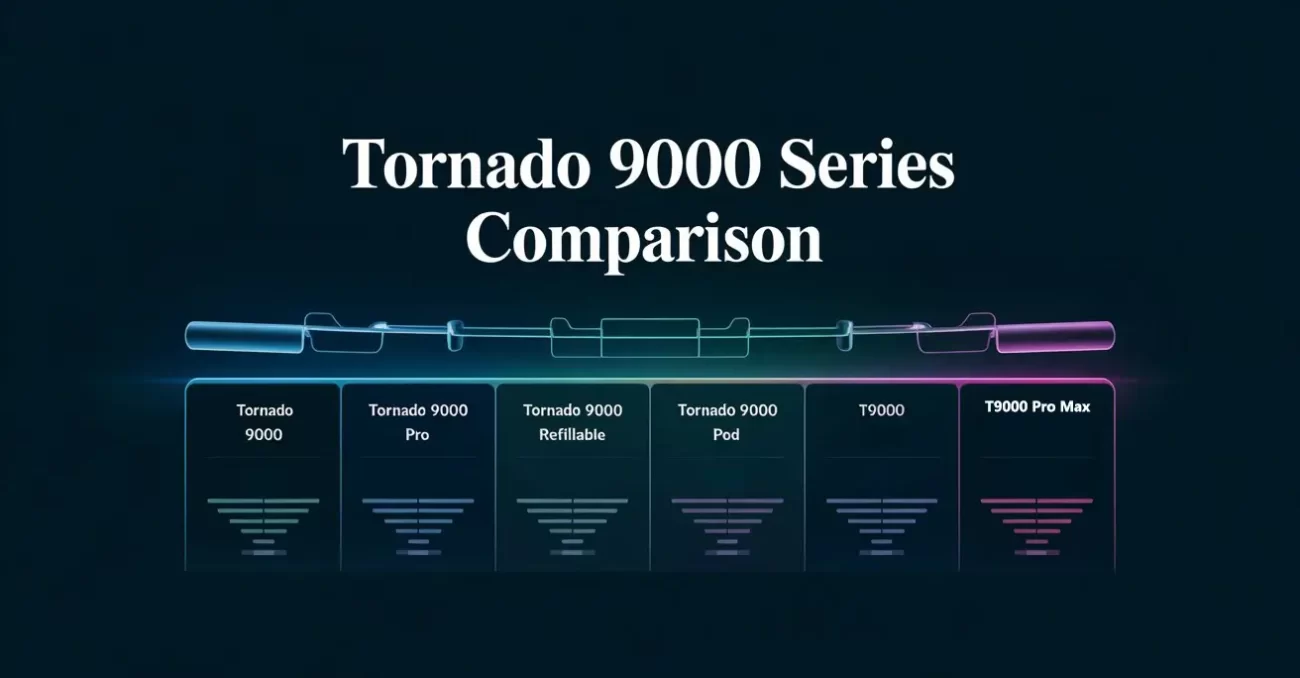 Comparison chart of Tornado 9000 vape series including Pro, Refillable, Pod, T9000, and T9000 Pro Max models
