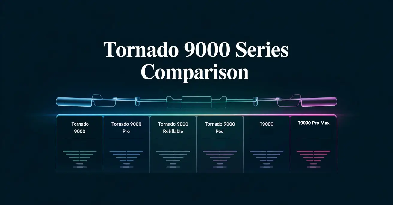 Comparison chart of Tornado 9000 vape series including Pro, Refillable, Pod, T9000, and T9000 Pro Max models