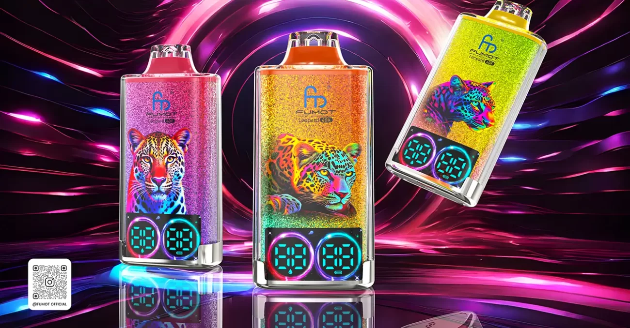 Three colorful FUMOT Leopard 24K LED disposable vapes with digital displays and neon leopard artwork in a futuristic background