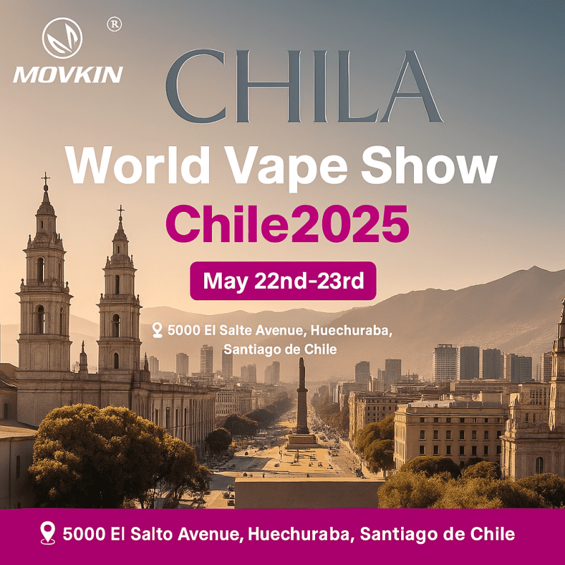 Promotional image for the World Vape Show 2025 in Santiago, Chile, hosted by MOVKIN, with cityscape and event details