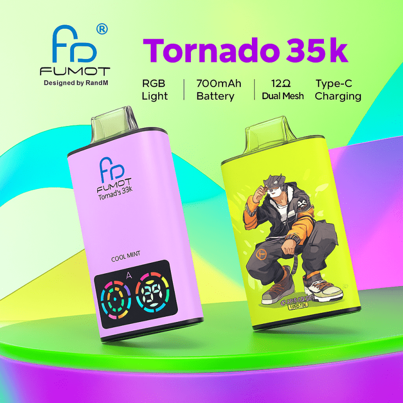 Two FUMOT Tornado 35K disposable vapes featuring RGB lighting, colorful design, and 700mAh battery displayed on a vibrant background.