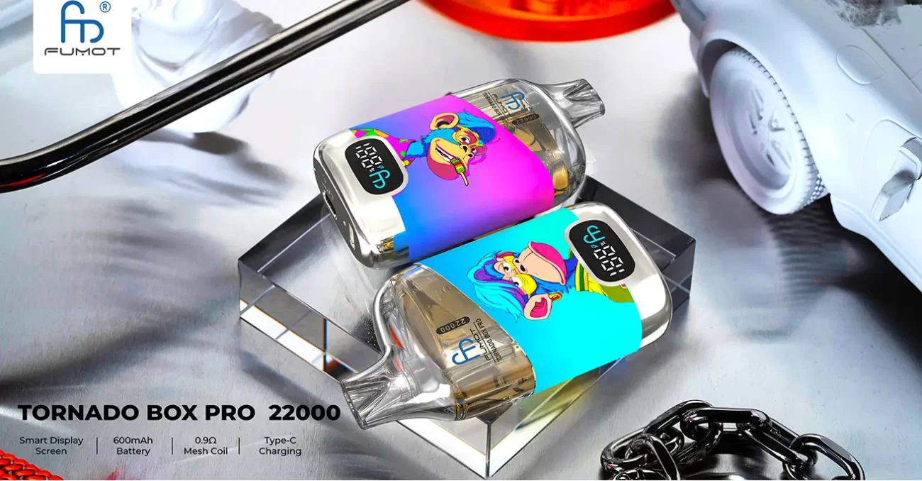 Fumot Tornado Box Pro 22000 puff vapes with digital screens and colorful NFT-style cartoon monkey artwork