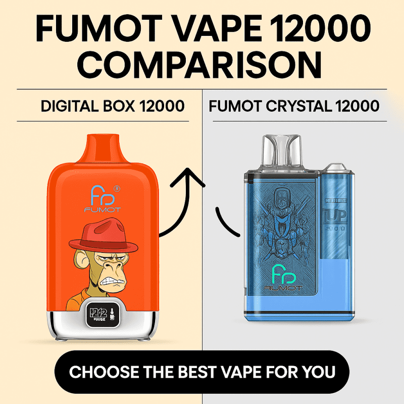 Side-by-side comparison of FUMOT Digital Box 12000 and FUMOT Crystal 12000 disposable vapes