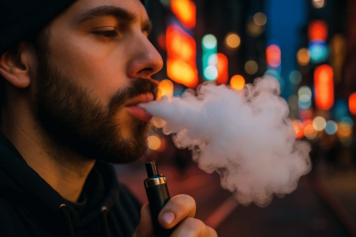 A bearded man exhaling vapor while holding a vape device on a neon-lit city street at night.