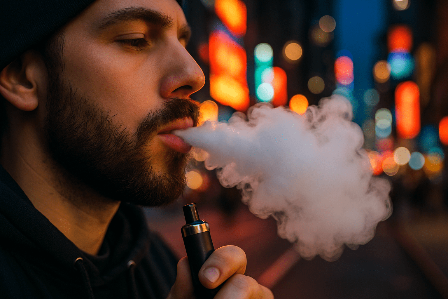 A bearded man exhaling vapor while holding a vape device on a neon-lit city street at night.