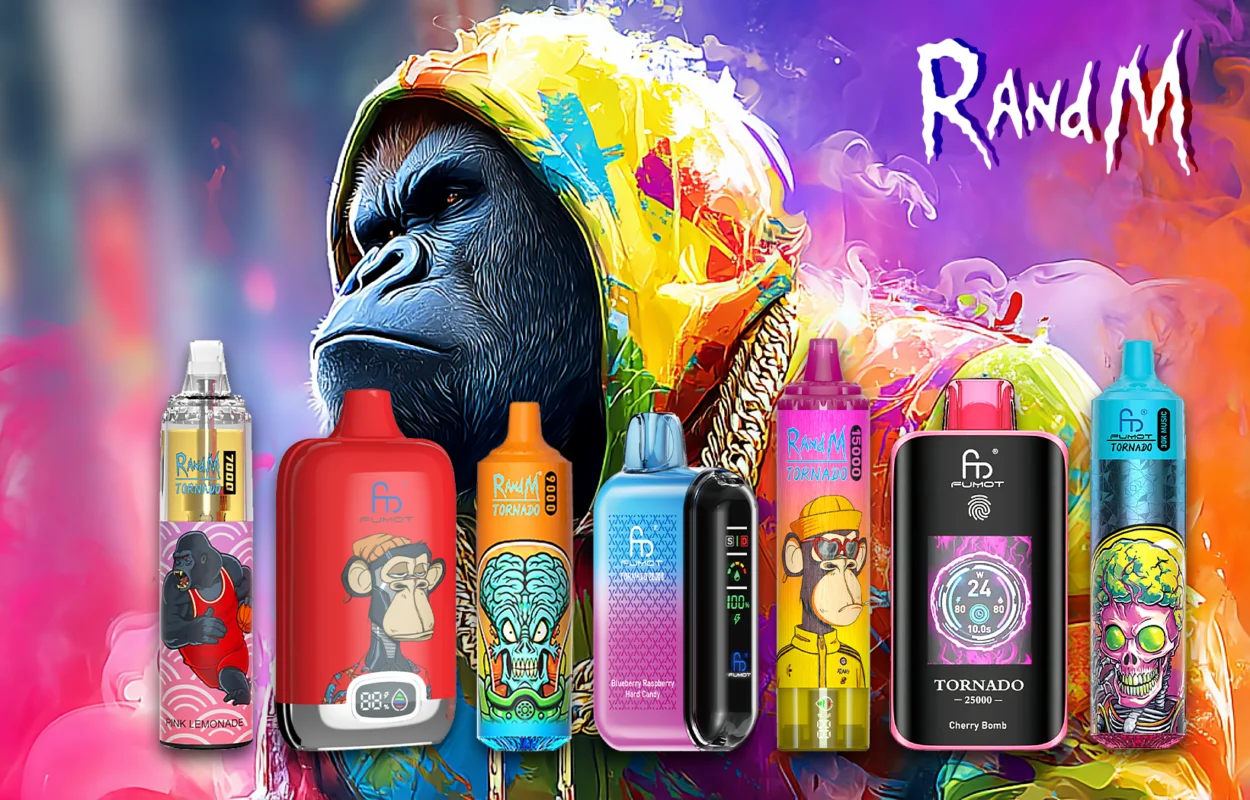 Colorful lineup of Fumot and RandM Tornado disposable vapes featuring 12000, 15000, 20000, and 30000 puff options with vibrant NFT-style artwork and smart display features.