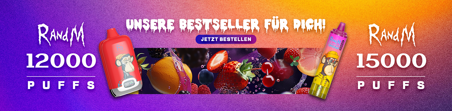 Banner showing RandM 12000 and 15000 puff disposable vapes with fruity background, NFT-style ape design, and bold German text promoting bestsellers.