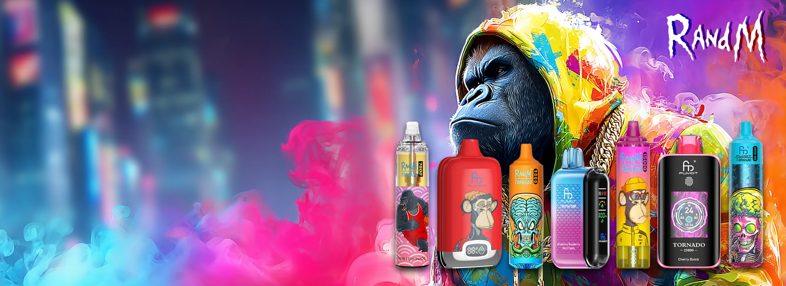 Vibrant lineup of RandM and Fumot disposable vapes with graffiti-style gorilla artwork, featuring high puff count vapes in bold, NFT-inspired designs and flavors.
